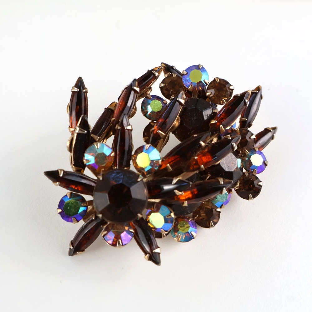 Vintage Amber Brown Rhinestone AB Crystal Brooch Gold Tone Floral Spray Pin
